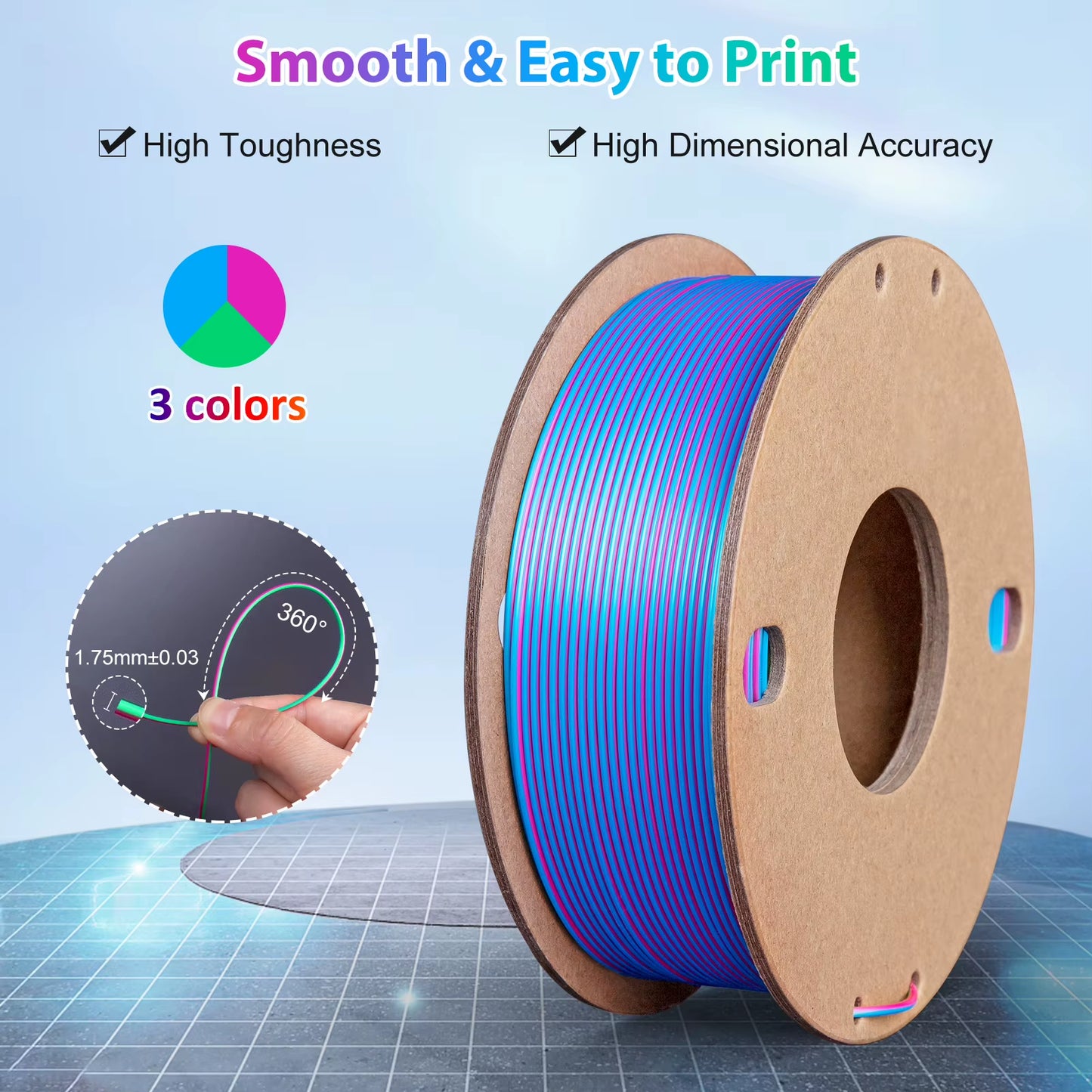 Silk PLA 3D Printer Filament 1.75Mm Triple Color Silk PLA Filament 3D Printing Filament 250G 3 In1 Color Rose Red Sky Blue Green