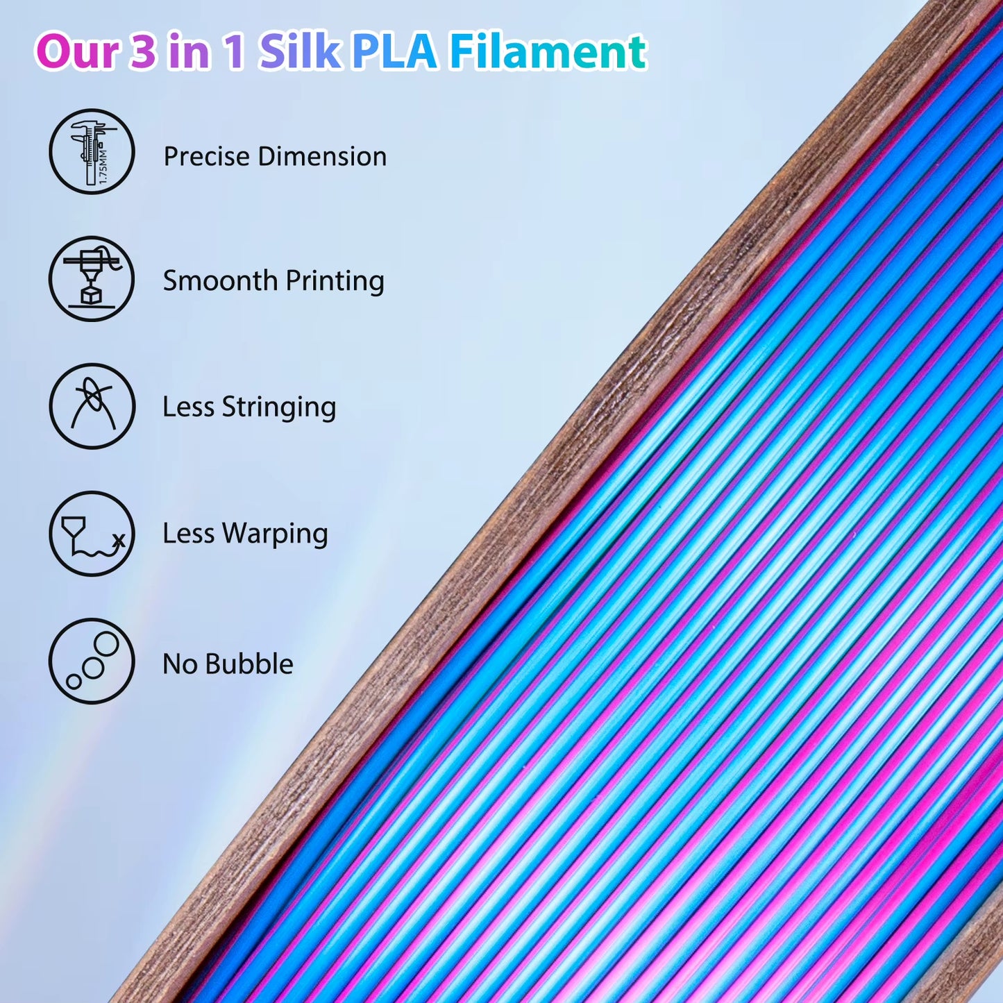 Silk PLA 3D Printer Filament 1.75Mm Triple Color Silk PLA Filament 3D Printing Filament 250G 3 In1 Color Rose Red Sky Blue Green